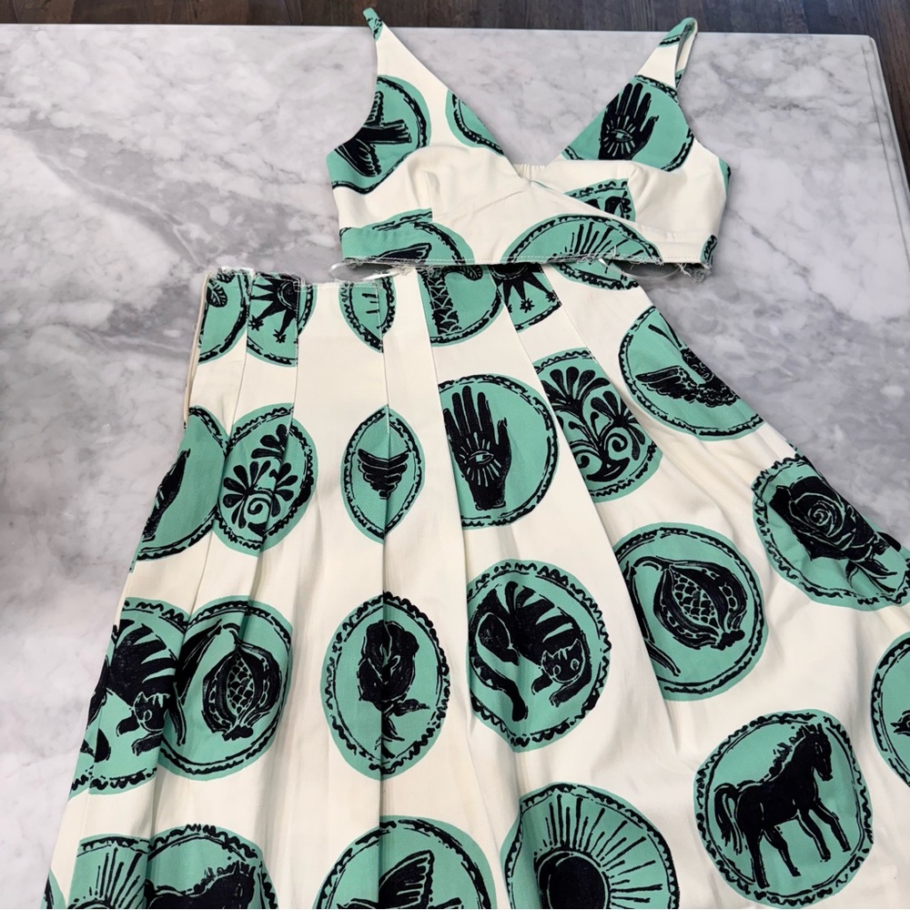 Zara Cream and Green Midi Skirt